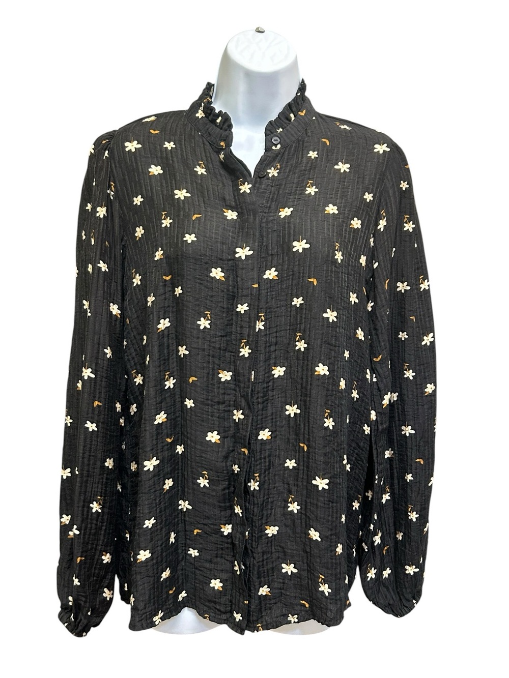 Soyaconcept Black Cream Floral Button Front Long Sleeve Blouse Size S